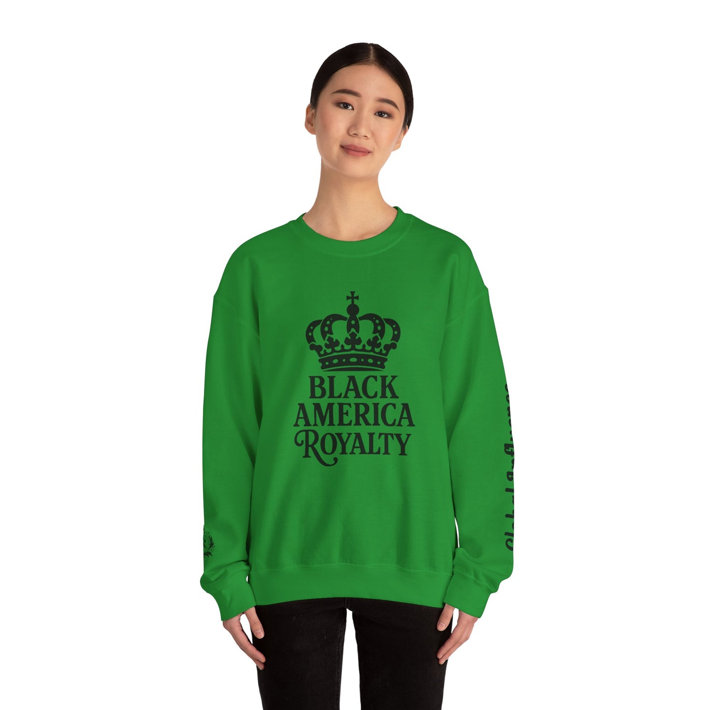 Black America Royalty Crewneck Sweatshirt | Crown Graphic with Sleeve Text